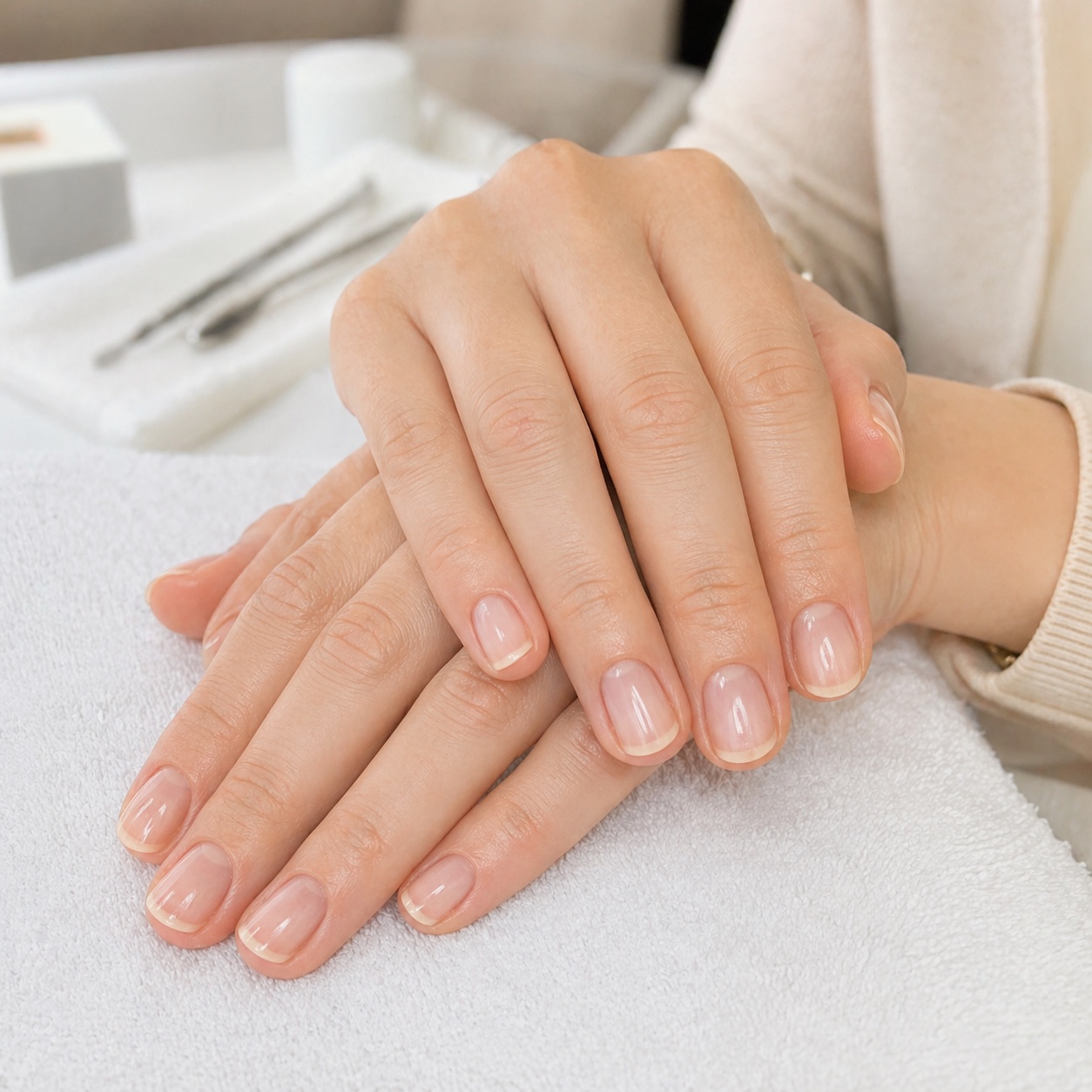 Live Japanese manicure result with natural glossy nails by NailInna beauty